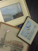 A watercolour, V Bre, The Langdales, 12 x 17cm, a print, after Peter Scott, Geese, signed, 10 x