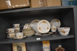 A selection of antique dinner service having pattern of dog violets in greens and burgundy including