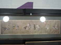 A Chinese print of polo players and a needlework on silk