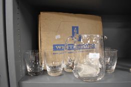 A vintage Whitefriars Hand made crystal water set comprising of jug and glasses with box.