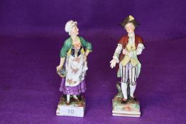 Two early 19th century figurines, one depicting maiden with flower basket, the other a young gent in