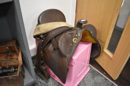 A Western stock saddle.
