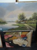 An original oil on canvas and an embroidery of child reading