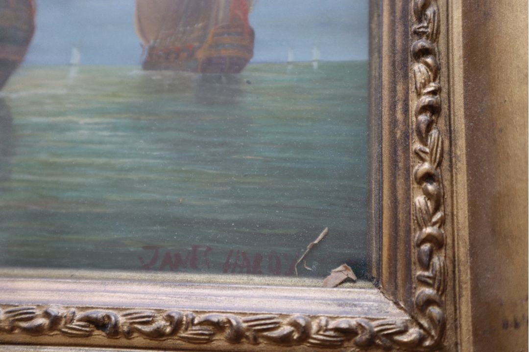 James Hardy War ships at sea Oil on board Signed 28 x 38cm - Image 2 of 4