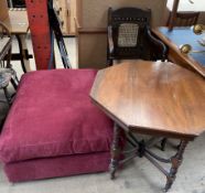 An upholstered foot stool together with an octagonal topped occasional table and a bergere armchair