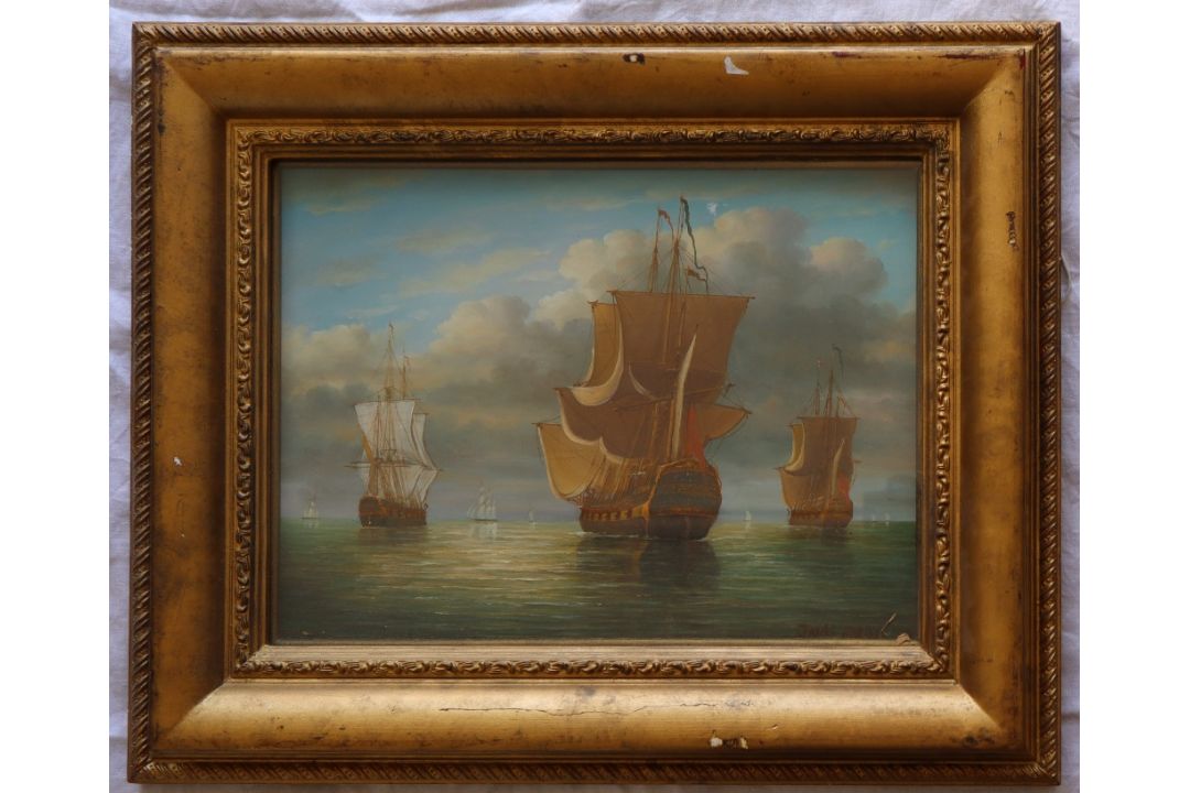 James Hardy War ships at sea Oil on board Signed 28 x 38cm - Image 1 of 4