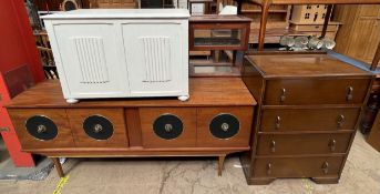 A teak sideboard together with a painted coffer and an oak chest of drawers