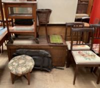 A coffer together with a tea trolley with glass doors, a bergere plant stand, two trays,