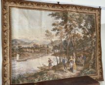 A Belgian tapestry wall hanging depicting figures by a river together with two other Belgian