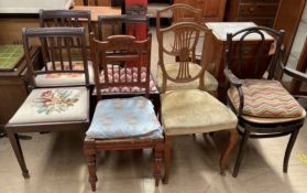 A bentwood elbow chair together with a teak bedside cabinet and six other assorted chairs