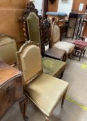 A pair of 19th century gilt decorated salon chairs together with an oak framed chair three other