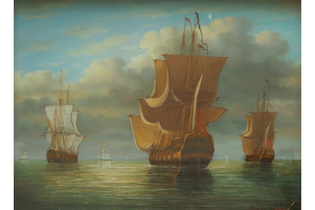 James Hardy War ships at sea Oil on board Signed 28 x 38cm - Image 3 of 4