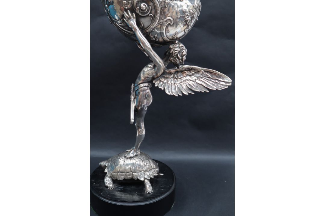 Franz von Stuck A silver plated Nautilus cup Stamped WMF on an ebonised wooden base Overall 51. - Image 4 of 11