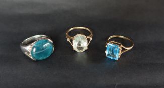 A 9ct gold ring set with an emerald cut blue topaz,