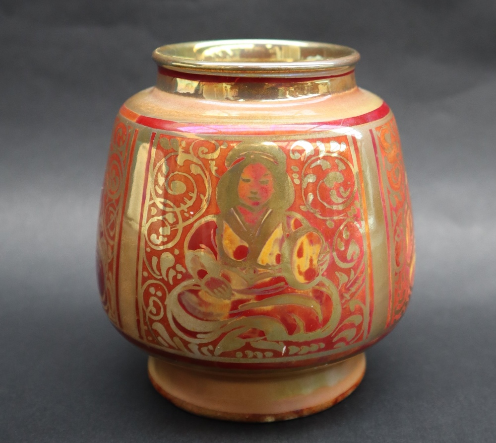 A Royal Lancastrian lustre vase, depicting seated figures in reds and oranges, 9. - Image 2 of 7