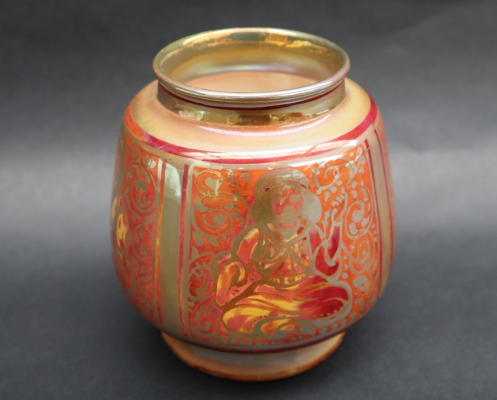 A Royal Lancastrian lustre vase, depicting seated figures in reds and oranges, 9. - Image 4 of 7