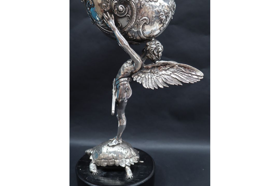 Franz von Stuck A silver plated Nautilus cup Stamped WMF on an ebonised wooden base Overall 51. - Image 5 of 11