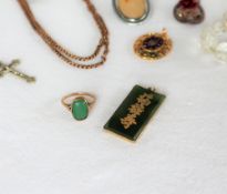 A 9ct gold jade panel ring together with a Chinese jade pendant and assorted costume jewellery