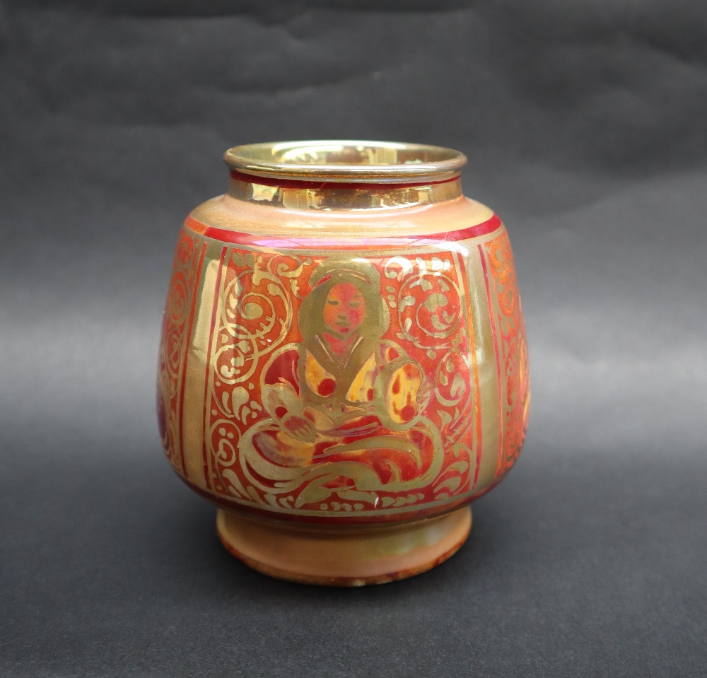 A Royal Lancastrian lustre vase, depicting seated figures in reds and oranges, 9. - Image 3 of 7