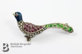 Precious White Metal Ruby and Enamel Pheasant Brooch