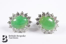 Pair White Gold Cabochon Jade and Diamond Earrings