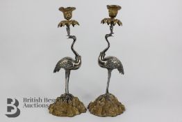Pair of Continental Mixed Metal Stork Candlesticks