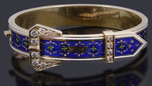 A 14ct gold enamel and diamond hinge buckle bangle,