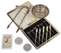 Mixed lot of silver to include a pair of George III sugar tongs