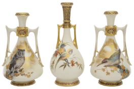 Late 19th c. Royal Worcester blush ivory twin handled bottle vases attributed to Charles Baldwyn