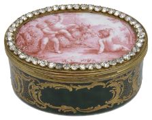 A late 18th Century gilt metal mounted oval enamel table box