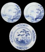 An 18th century Chinese export blue and white charger and pair of blue and white plates