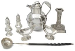 A mixed lot of silver to include a pair of pedestal salts in George III style