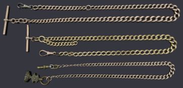 A 9ct gold graduated curb link Albert with 9ct gold t-bar and gilt metal swivel clip; others