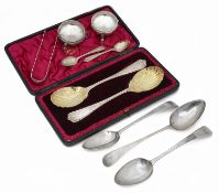 A pair of George II silver cauldron salts and other mostly Georgian silver