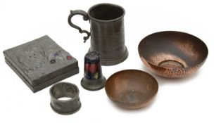 A Moorcroft Tudric 'Wisteria' pattern pepper pot; others