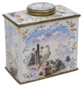 A late 18th century South Staffordshire Bilston enamel tea caddy and cover c.1770