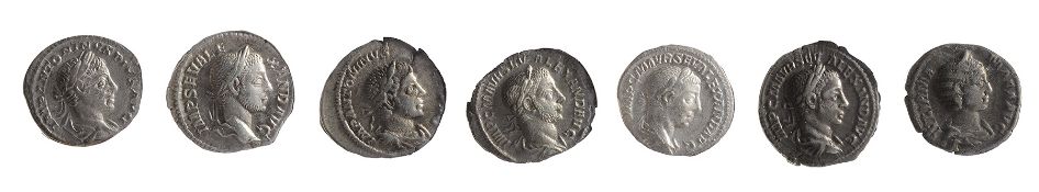 Seven late 2nd early 3rd century AD Imperial Roman silver denarii first Rome (Roma), 211-217 AD,