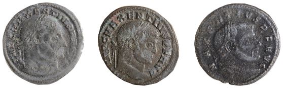 Maxentius AE FollisOstia, Struck 309-312 ADIMP C MAXENTIVS P F AVG: Head of Maxentius, laureate,
