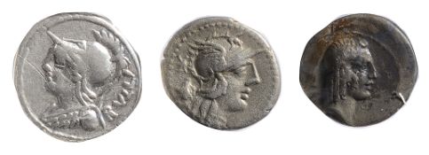 P. Servilius M.f. Rullus Silver Denarius100 BCHelmeted bust of Minerva left, wearing aegis; RVLLI