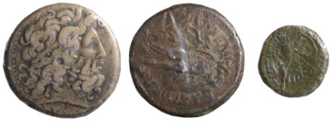 Ptolemy III Euergetes AE39.struck 245-222 BCHead of Zeus-Ammon right, wearing tainia / Eagle