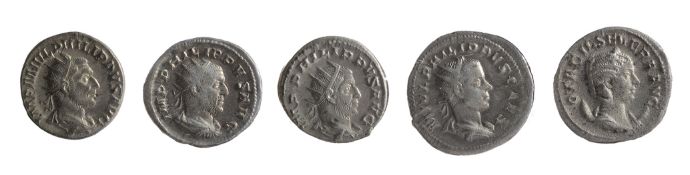 Five mid 3rd century AD Imperial Roman silver and silvered Antoninianii first Rome, 244-249 AD,