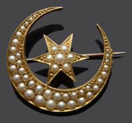 A Victorian split pearl star and crescent brooch