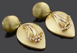 A pair of large Continental 18ct gold and diamond pendant earrings