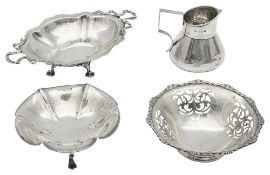 Two Edward VII and one later silver bonbon dishes and an Edward VII silver milk jug