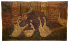 J. Walkeden (Brit. 20th c) 'Children Attacked by Geese', oil on canvas