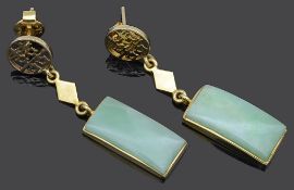 A pair of contemporary Chinese jade set drop earrings