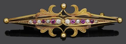 A 15ct gold ruby and diamond bar brooch