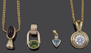 A collection of four Continental gem set modernist style pendants