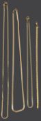 Three 18ct Continental gold neck chains and a woven yellow metal bracelet