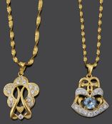 Two contemporary Arabic .916 gold gem set scroll pendants on chain